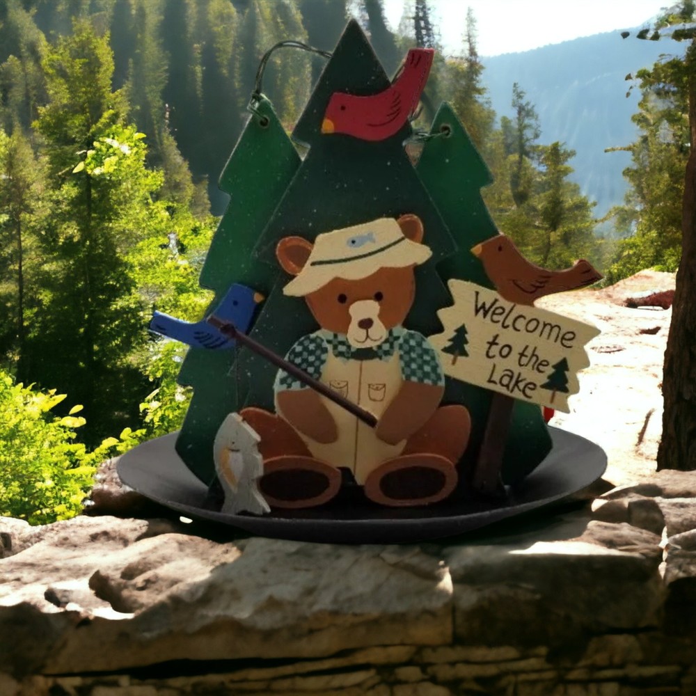 Bear Fishing Bird Feeder Welcome To The Lake Wood Metal Hanging Garden Decor